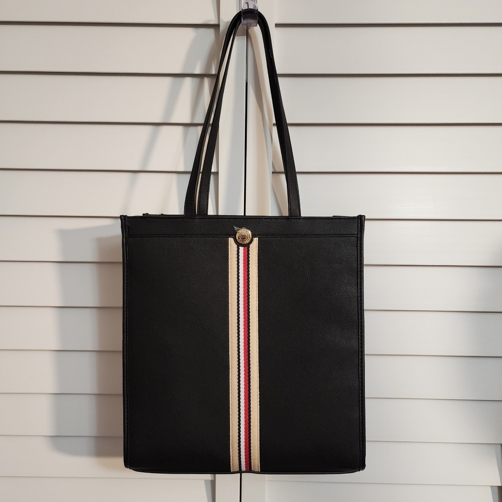 NWT  Tommy Hilfiger Black Tote with Red, Beige, and White Stripe..